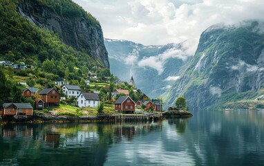 Fototapeta premium Secluded Village Hidden Between Norwegian Fjord Cliffs