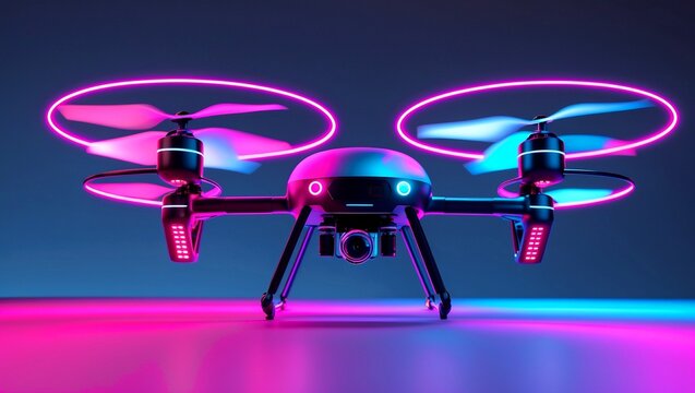 Futuristic drone illuminated by neon light display - Powered by Adobe