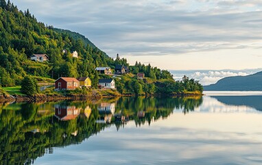 Obraz premium Serene Reflection Of A Nordic Sunset In A Norwegian Fjord