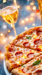 A vibrant house party unfolds with friends gathered around a table adorned with a large, tempting pizza