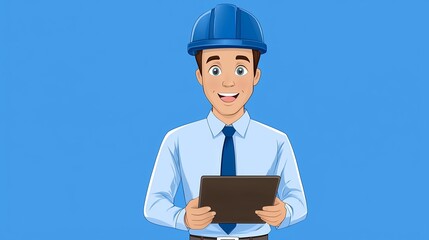 Smiling Male Engineer in Blue Hard Hat Holding Clipboard
