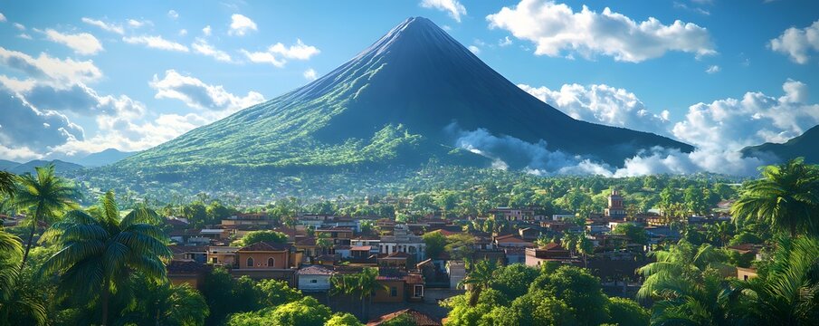 The iconic El Boquer&oacute;n volcano, towering over the city with lush greenery around it