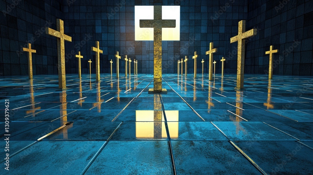 Poster softly illuminated blue surface with randomly placed small squares and crosses for a futuristic effe