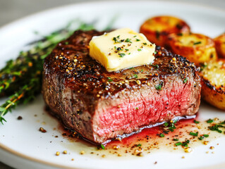 Delicious steak with seasoned butter and roasted potatoes on plate