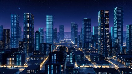 Futuristic night cityscape with binary code architecture