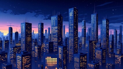 Futuristic night cityscape with binary code architecture