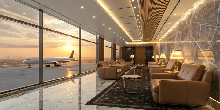 Testimonial photo of sophisticated airport vip lounge. the lounge has a luxurious ambiance with plush comfy leather seating, warm golden lighting, and marble accents. large windows and airport