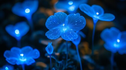 Glowing Blue Flowers in a Dark Garden