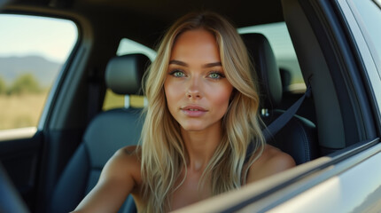 Naklejka premium Young woman inside a car driving