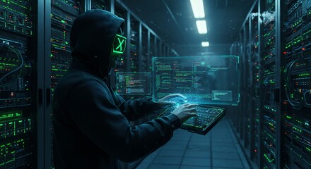Person coding in data center with servers and glowing interface