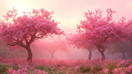 Fototapeta premium Pink Blossom Trees in Misty Sunrise