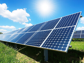 Solar panels absorb sunlight in a green field under a bright sky