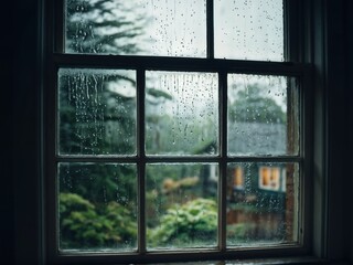 Rain-covered window with drops distorting view of greenery and building, calm and serene atmosphere