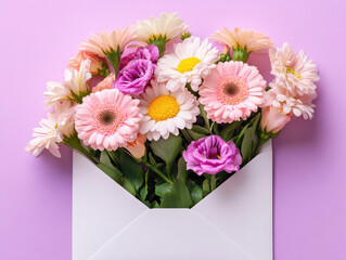 Fototapeta premium Beautiful flowers arranged in an envelope on a pink background