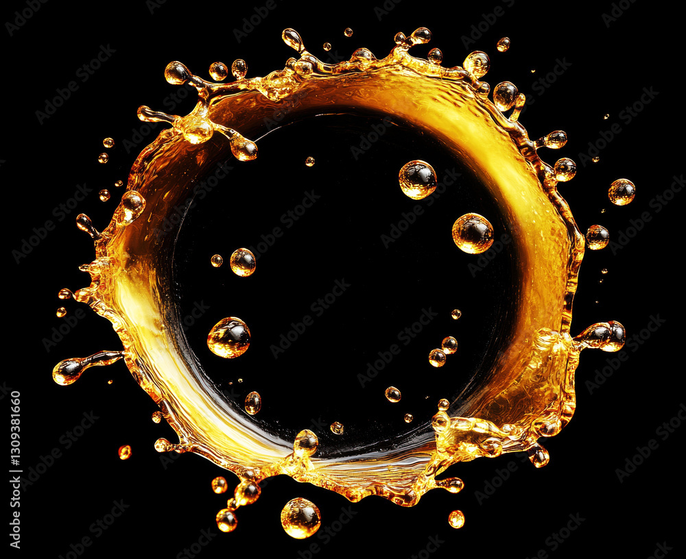 Poster dynamic splash of golden liquid creating a circular pattern