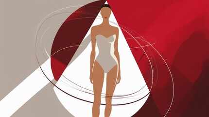 Minimalist illustration of a slender woman standing upright, set against a bold backdrop featuring a striking contrast of crisp white and deep rich red tones, with subtle geometric patterns and delica