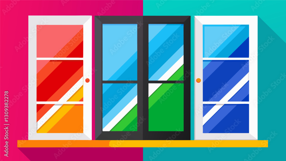 Poster vibrant colored handles contrasting against the stark white frames of the newly installed windows.. 