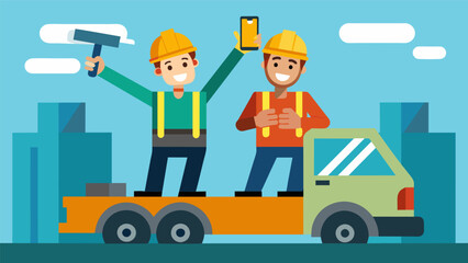 Naklejka premium Two workers perch on top of a construction vehicle taking a selfie with their ironworker tools after a long day of work.. Vector illustration