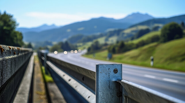 The metal guardrail runs parallel to the highway, providing safety for vehicles as they navigate the road. Scenic mountains rise in the distance under a clear blue sky