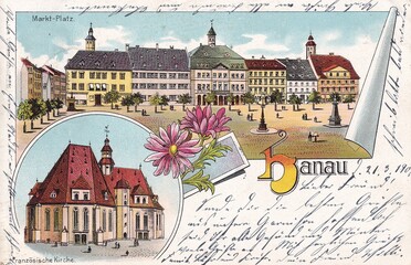 Alt-Hanau 1901; Marktplatz mit Neust&auml;dter Rathaus (original gelaufene Lithografie)