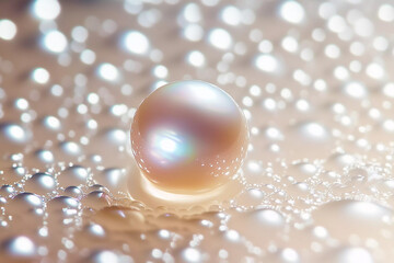 Delicate pearl resting on moisture with sparkling reflections illuminated by soft light