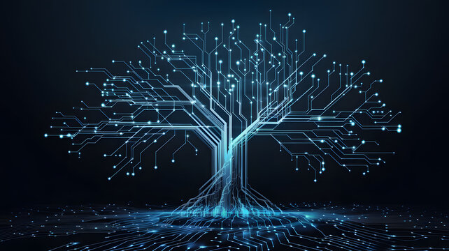 A conceptual image of AI as an organic digital tree, its branches forming new paths.