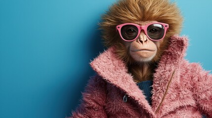 Monkey in pink coat and sunglasses, blue background, fashion shoot