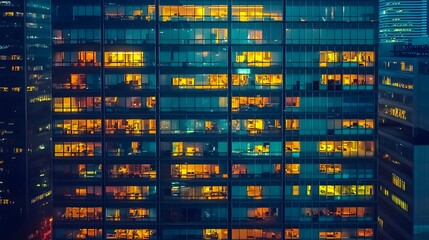 Illuminated windows reveal bustling activity in a modern city building at night