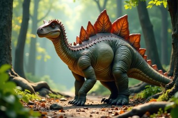 Fototapeta premium Prehistoric Stegosaurus with a long neck and plates on its back, ancient, nature, fossil