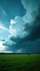 Fototapeta premium Powerful thunderstorm clouds roll in over a field with heavy rainfall, stormy sky, thunderstorm, rain