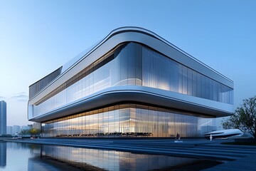 Obraz premium Modern architectural design of a glass building reflecting sunset over water in an urban landscape