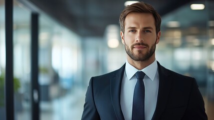 Fototapeta premium Young businessman exuding confidence in formal attire, embodying professionalism and determination