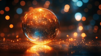 Glowing crystal ball on sparkling surface, bokeh background