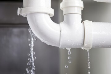 Water Leak from White Plastic Pipe with Dripping Water Drops