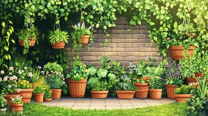 Fototapeta premium urban community garden with lush greenery potted plants sustainable lifestyle eco living peaceful environment and healthy lifestyle concept