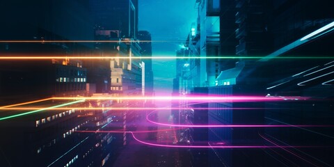 Fototapeta premium Futuristic Cityscape at Night Vibrant Light Trails Speed and Technology Modern Architecture