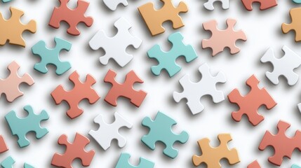 Obraz premium Pastel-colored jigsaw puzzle pieces scattered on a white background, representing teamwork, problem-solving, and collaboration.