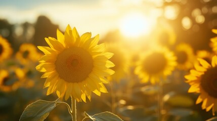 Obraz premium Vibrant Yellow Sunflowers in a Summer Field at Sunset