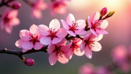 Naklejka premium Pink cherry plum blossoms on a branch in the morning light, nature, plum blossom