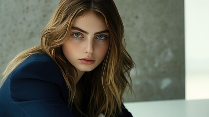 Young female executive exudes confidence in a navy blazer, seated at a modern desk, embodying professionalism and leadership