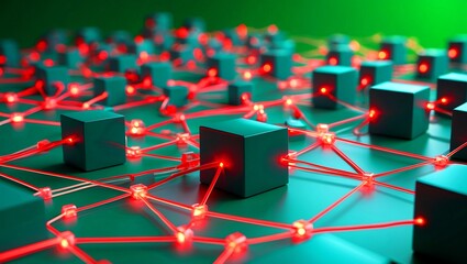 Interconnected cubes with glowing red lines in green background