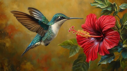 Fototapeta premium Hummingbird and Hibiscus Flower Painting