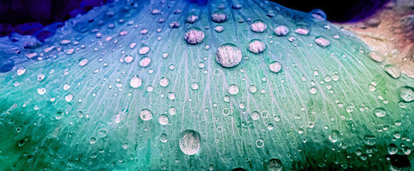 Macro image of a surface covered in dewdrops with vibrant purple and blue hues, highlighting the...