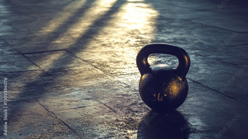 Aufkleber Kettlebell rests on textured gym floor with soft lighting, creating a serene workout environment Generative AI
