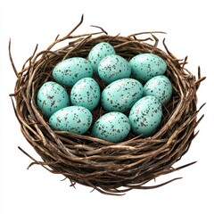 Obraz premium Realistic 3D Icon Cartoon of a Birds Nest Filled with Tiny Teal Eggs isolated on clear white background