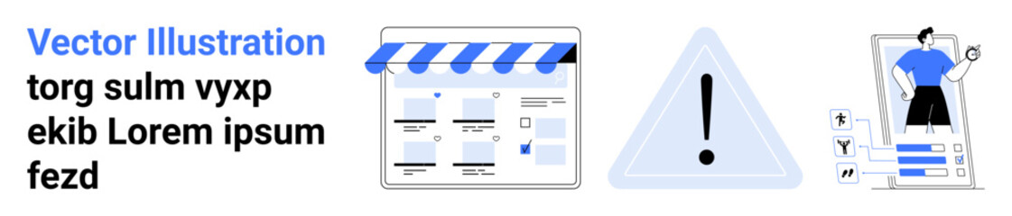 Online storefront webpage, triangular warning sign with an exclamation mark, human figure on a user profile interface. Ideal for e-commerce, web design, alerts, notifications, user management, online