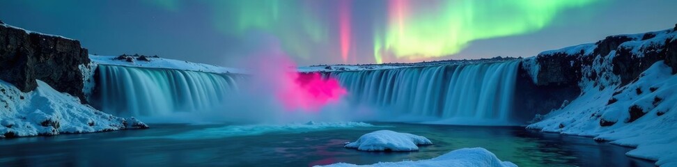 Pink aurora borealis glows above frozen waterfall, aurora borealis, icy surface, green