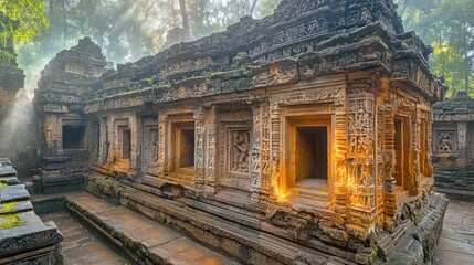 Obraz premium Ancient temple ruins, misty morning light, intricate carvings