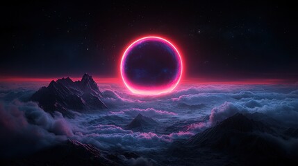 Pink ringed dark planet over mountains and clouds at night.