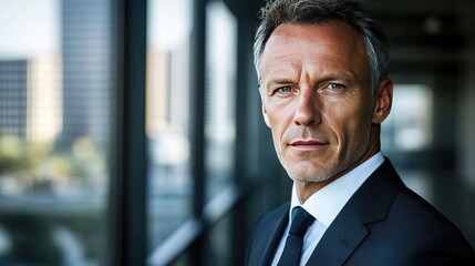 Naklejka premium Focused businessman in formal attire, exuding confidence and professionalism in a modern office setting